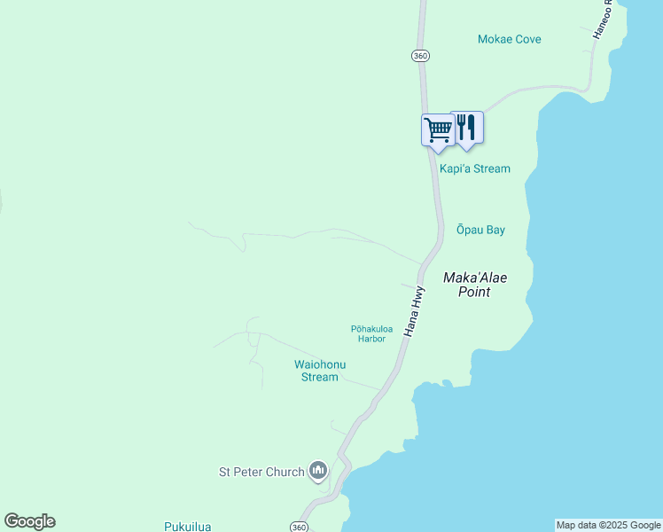 map of restaurants, bars, coffee shops, grocery stores, and more near 153 Kapia Road in Hana
