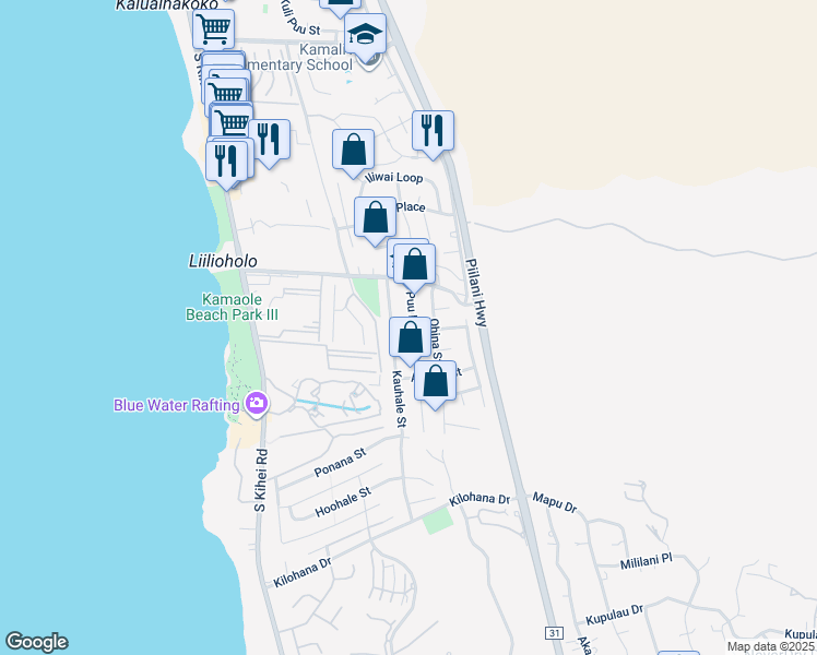 map of restaurants, bars, coffee shops, grocery stores, and more near 2736 Puu Hoolai Street in Kihei