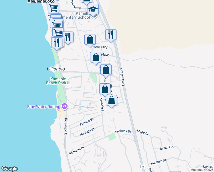 map of restaurants, bars, coffee shops, grocery stores, and more near 2733 Puu Hoolai Street in Kihei