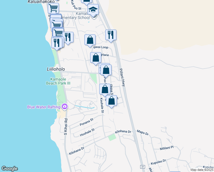 map of restaurants, bars, coffee shops, grocery stores, and more near 2733 Puu Hoolai Street in Kihei