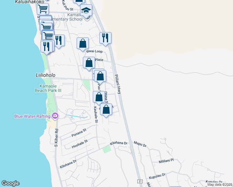 map of restaurants, bars, coffee shops, grocery stores, and more near 2735 Panepoo Street in Kihei
