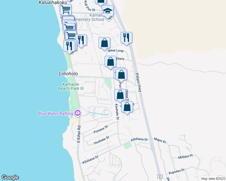 map of restaurants, bars, coffee shops, grocery stores, and more near 2734 Kauhale Street in Kihei