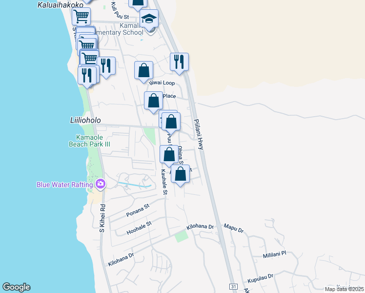 map of restaurants, bars, coffee shops, grocery stores, and more near 2721 Ohina Street in Kihei