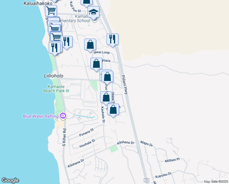 map of restaurants, bars, coffee shops, grocery stores, and more near 2721 Ohina Street in Kihei