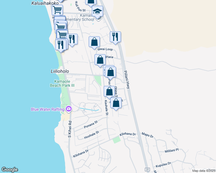 map of restaurants, bars, coffee shops, grocery stores, and more near 2724 Puu Hoolai Street in Kihei