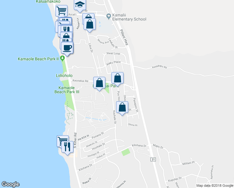 map of restaurants, bars, coffee shops, grocery stores, and more near 2724 Puu Hoolai Street in Kihei