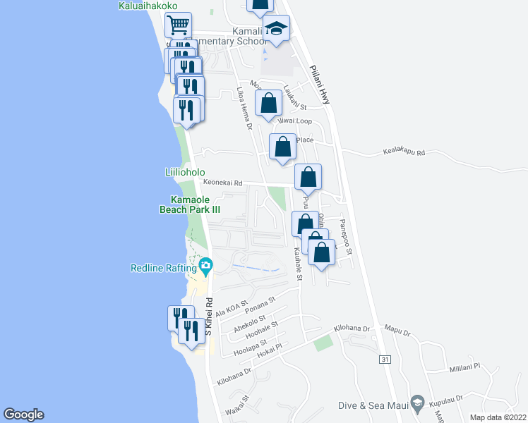 map of restaurants, bars, coffee shops, grocery stores, and more near 160 Keonekai Road in Kihei