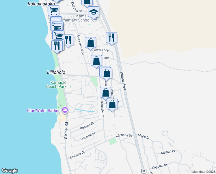 map of restaurants, bars, coffee shops, grocery stores, and more near 262a Aone Street in Kihei