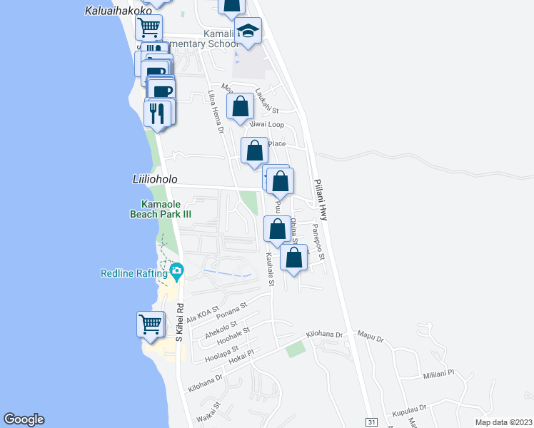 map of restaurants, bars, coffee shops, grocery stores, and more near 2727 Kauhale Street in Kihei