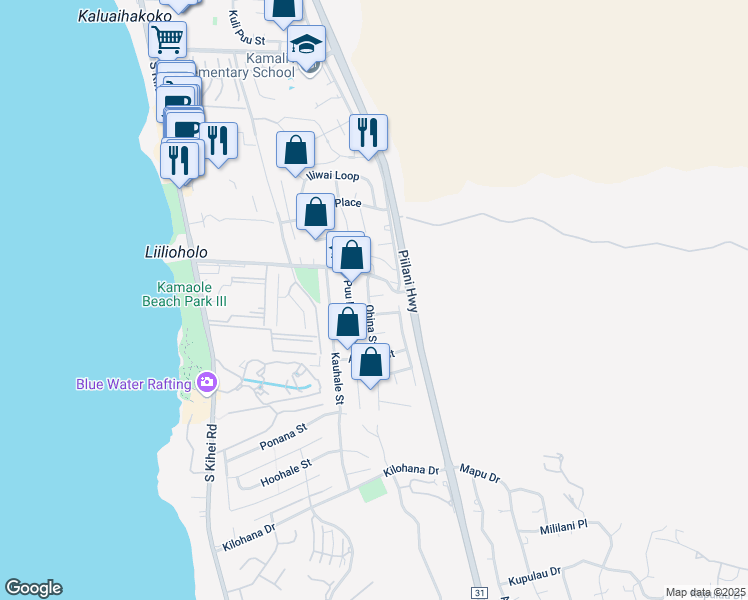 map of restaurants, bars, coffee shops, grocery stores, and more near 262a Aone Street in Kihei