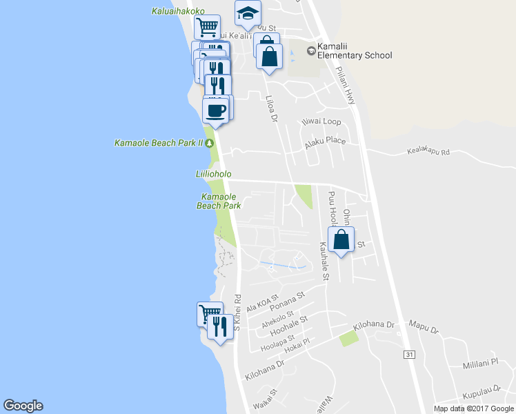 map of restaurants, bars, coffee shops, grocery stores, and more near 2695 South Kihei Road in Kihei