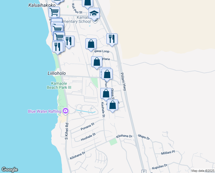 map of restaurants, bars, coffee shops, grocery stores, and more near 2715 Puu Hoolai Street in Kihei