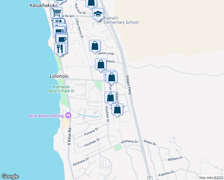 map of restaurants, bars, coffee shops, grocery stores, and more near 2715 Puu Hoolai Street in Kihei