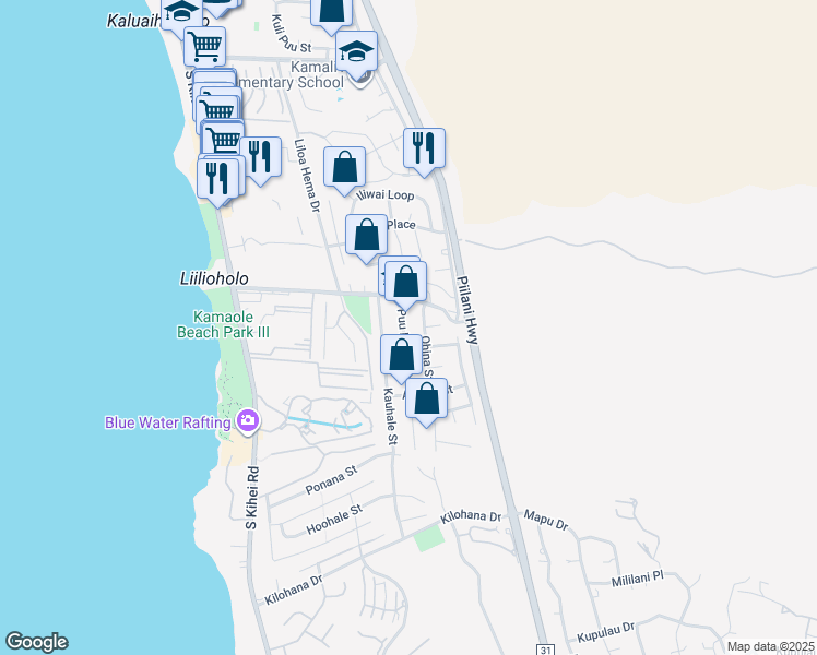 map of restaurants, bars, coffee shops, grocery stores, and more near 2715 Puu Hoolai Street in Kihei