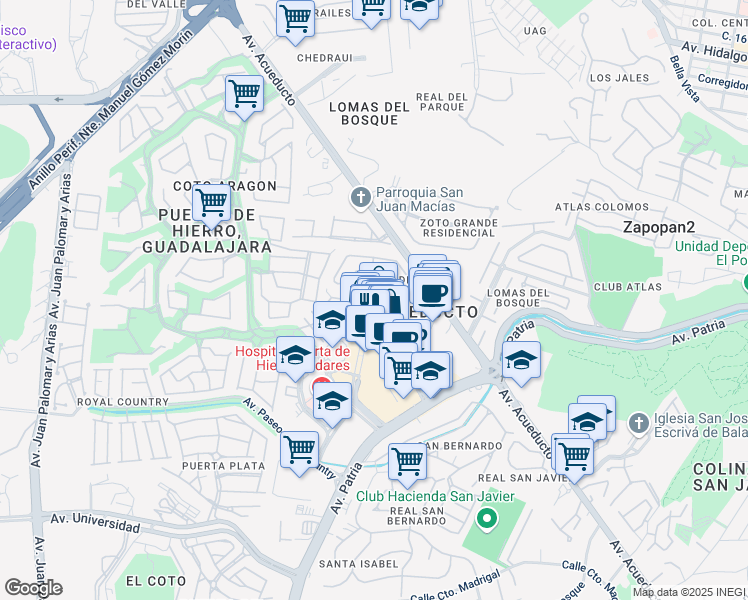 map of restaurants, bars, coffee shops, grocery stores, and more near 5065 Boulevard Puerta de Hierro in Zapopan