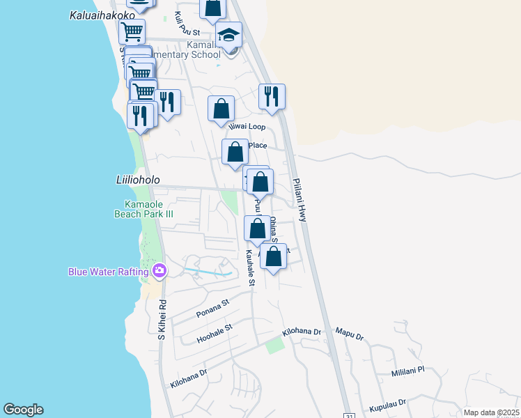 map of restaurants, bars, coffee shops, grocery stores, and more near 2709 Puu Hoolai Street in Kihei