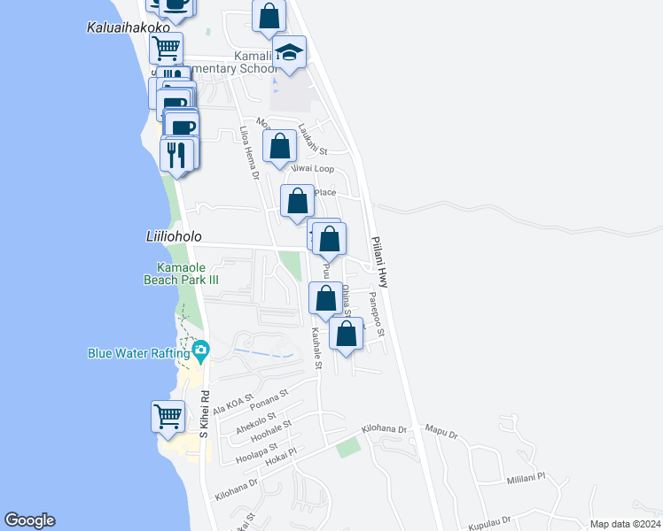 map of restaurants, bars, coffee shops, grocery stores, and more near 2697 Puu Hoolai Street in Kihei