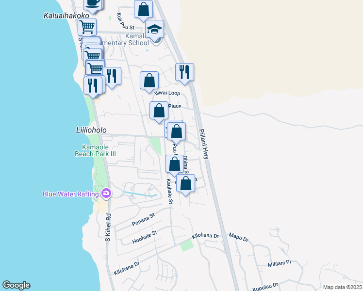 map of restaurants, bars, coffee shops, grocery stores, and more near 2688 Ohina Street in Kihei