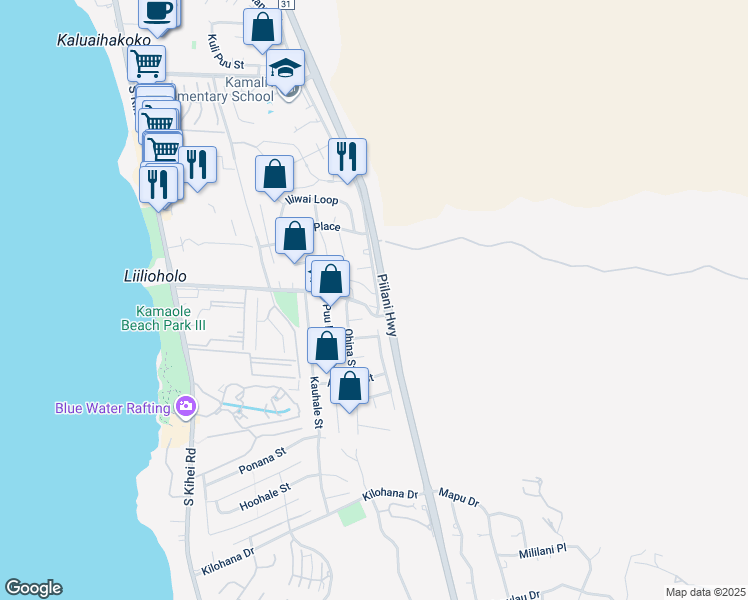 map of restaurants, bars, coffee shops, grocery stores, and more near 299 Keonekai Road in Kihei