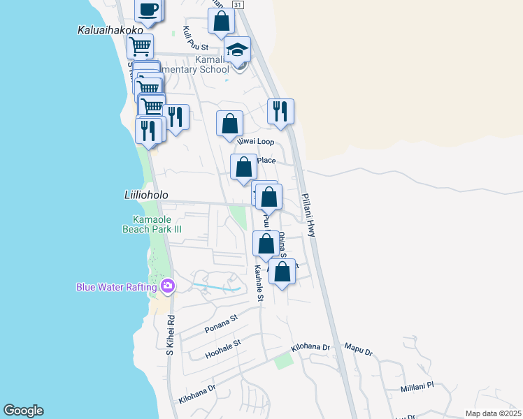 map of restaurants, bars, coffee shops, grocery stores, and more near 2682 Puu Hoolai Street in Kihei