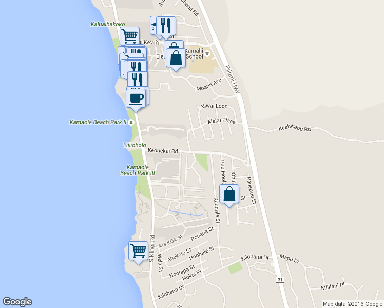 map of restaurants, bars, coffee shops, grocery stores, and more near 160 Keonekai Road in Kihei
