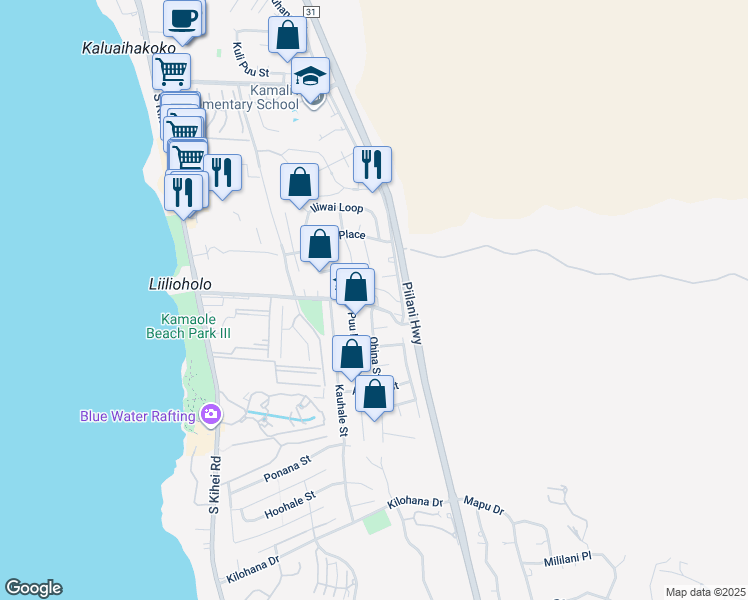 map of restaurants, bars, coffee shops, grocery stores, and more near 267 Keonekai Road in Kihei