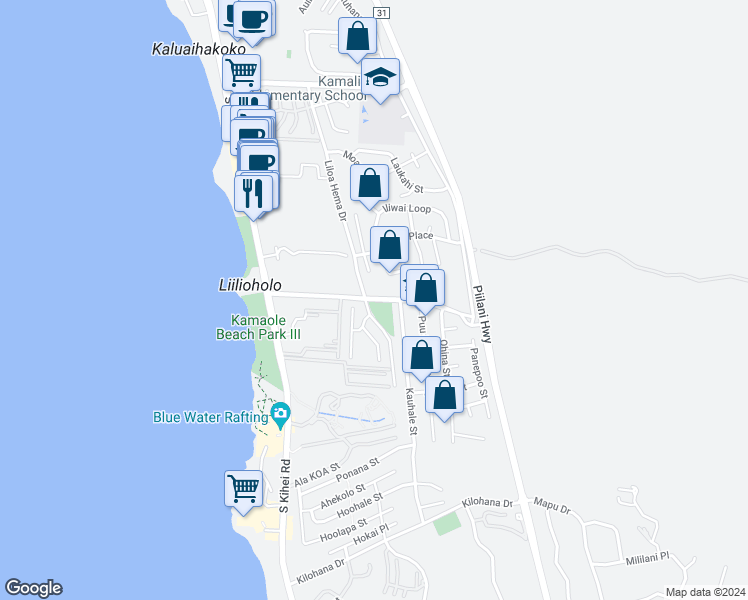 map of restaurants, bars, coffee shops, grocery stores, and more near 160 Keonekai Road in Kihei