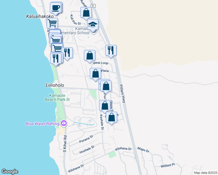 map of restaurants, bars, coffee shops, grocery stores, and more near 263 Keonekai Road in Kihei