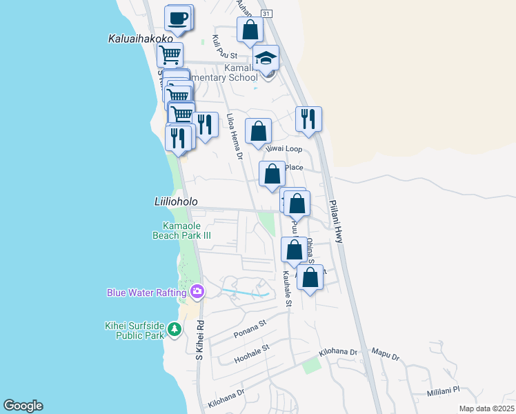 map of restaurants, bars, coffee shops, grocery stores, and more near 147 Keonekai Road in Kihei