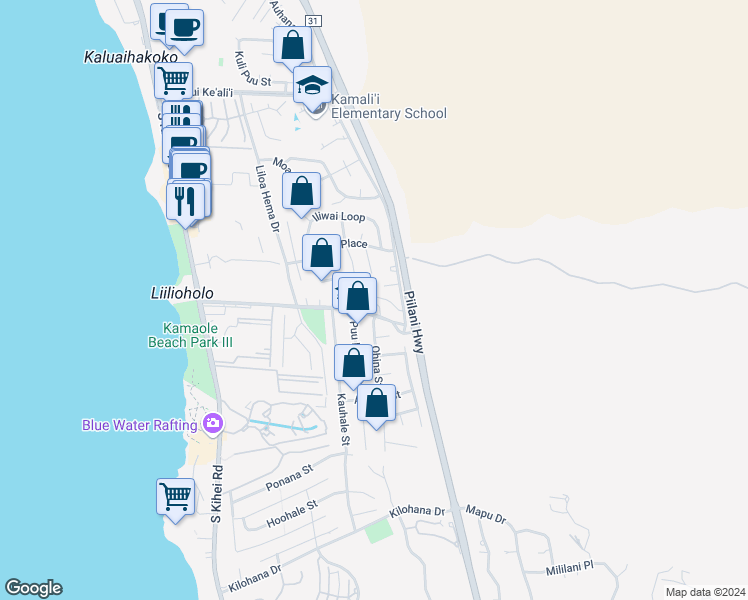 map of restaurants, bars, coffee shops, grocery stores, and more near 269 Keonekai Road in Kihei