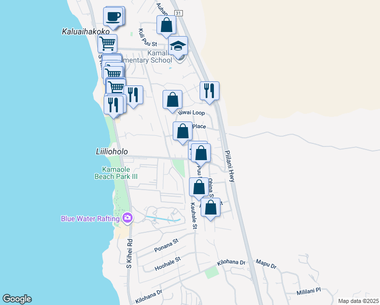 map of restaurants, bars, coffee shops, grocery stores, and more near 201 Keonekai Road in Kihei