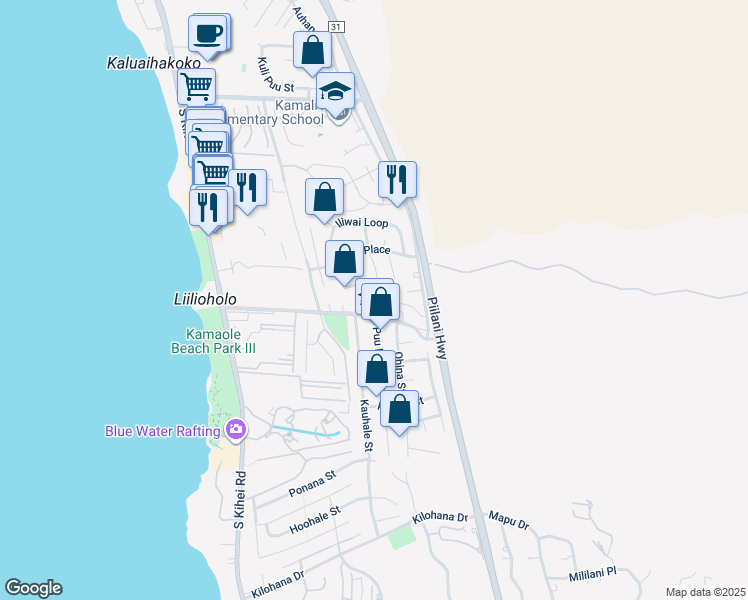 map of restaurants, bars, coffee shops, grocery stores, and more near 2656 Moolio Place in Kihei