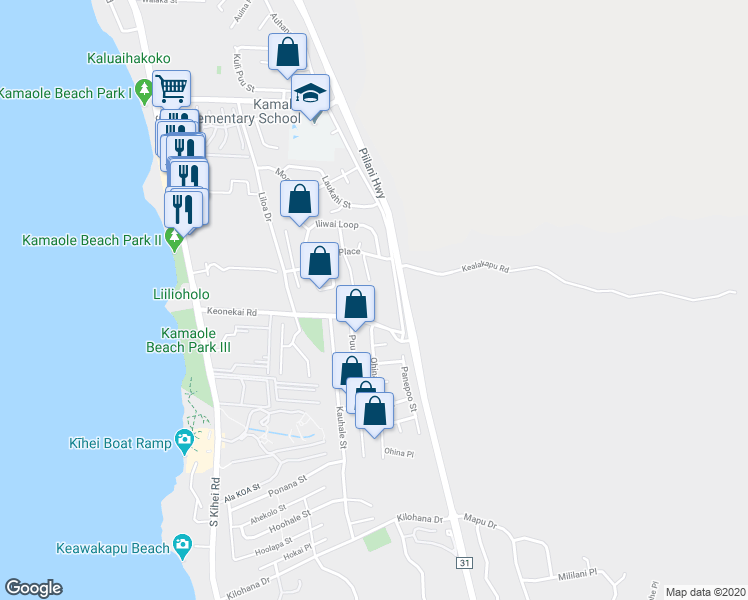 map of restaurants, bars, coffee shops, grocery stores, and more near 2636 Kanakanui Road in Kihei