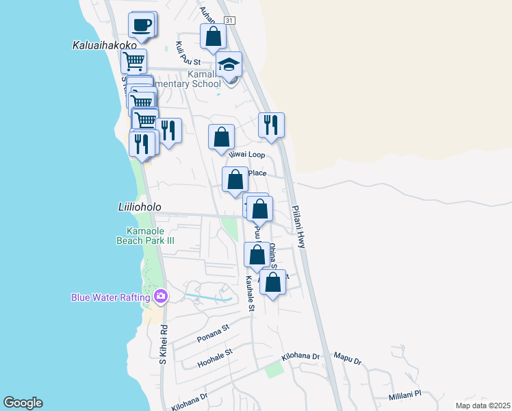 map of restaurants, bars, coffee shops, grocery stores, and more near 2656 Moolio Place in Kihei