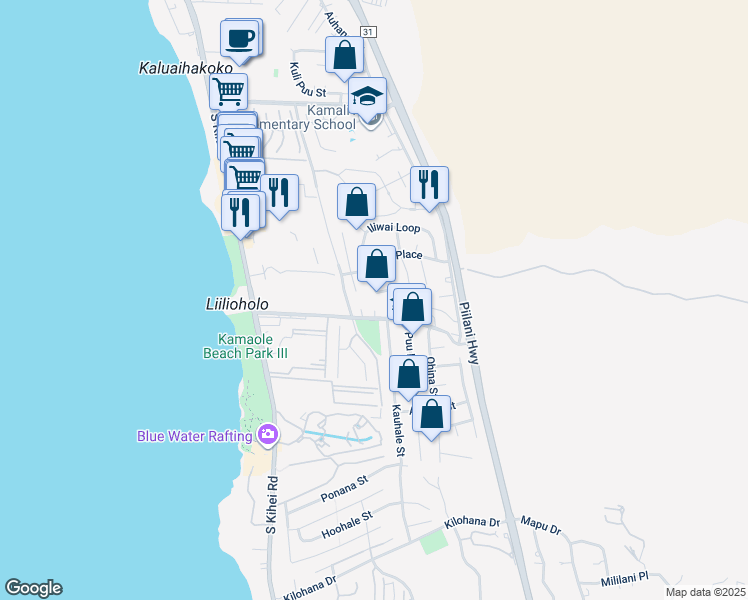 map of restaurants, bars, coffee shops, grocery stores, and more near 192 Kamakoi Loop in Kihei