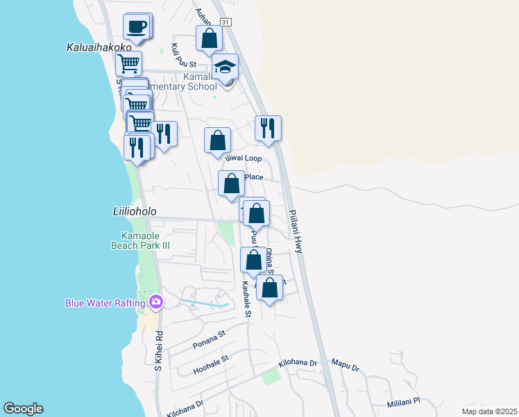 map of restaurants, bars, coffee shops, grocery stores, and more near 2657 Moolio Place in Kihei