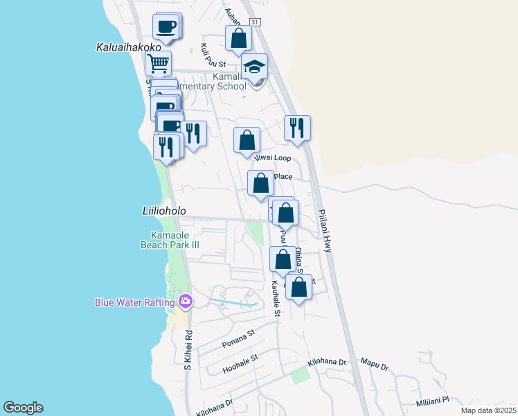 map of restaurants, bars, coffee shops, grocery stores, and more near 192 Kamakoi Loop in Kihei