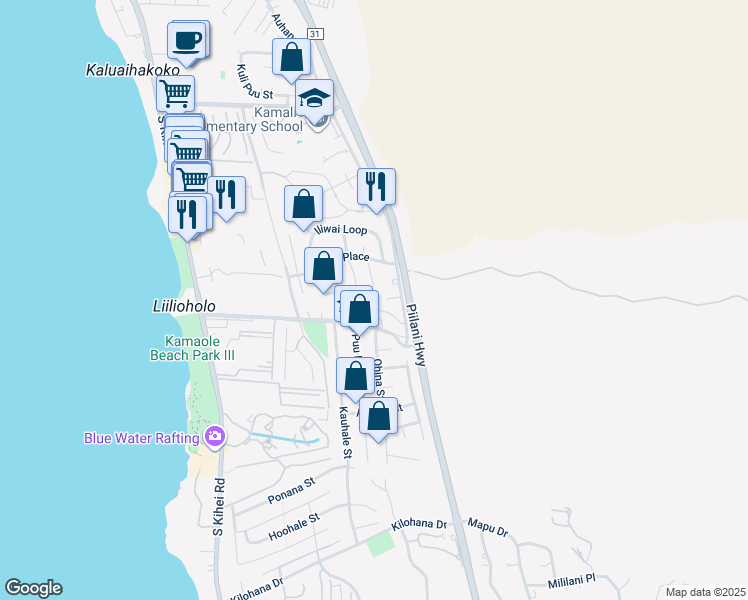 map of restaurants, bars, coffee shops, grocery stores, and more near 2651 Moolio Place in Kihei