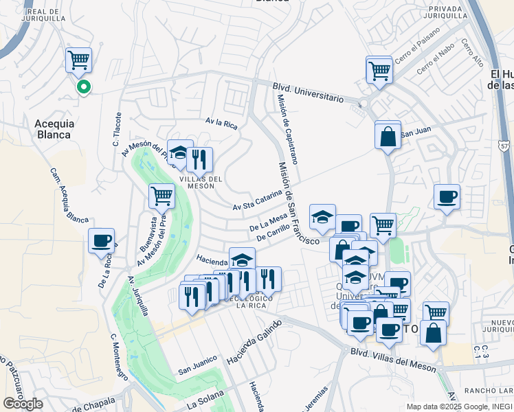 map of restaurants, bars, coffee shops, grocery stores, and more near 128 Avenida Santa Catarina in Juriquilla