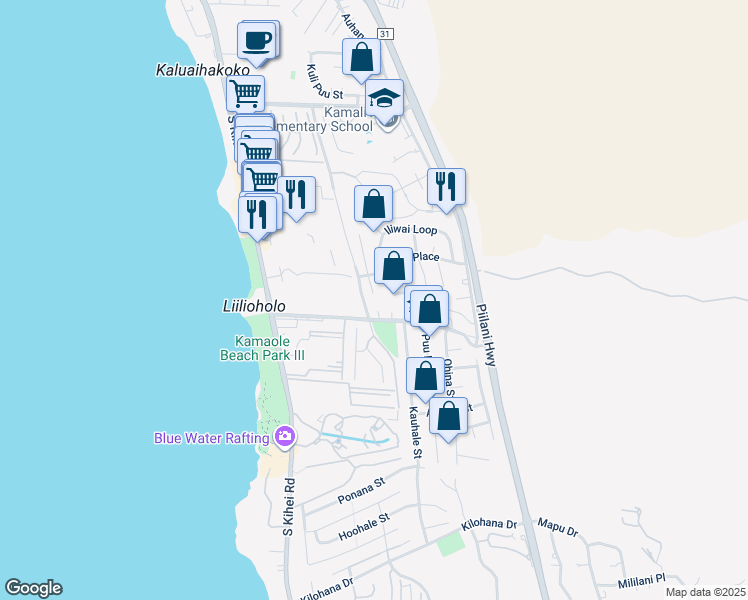 map of restaurants, bars, coffee shops, grocery stores, and more near 2626 Mikoi Place in Kihei
