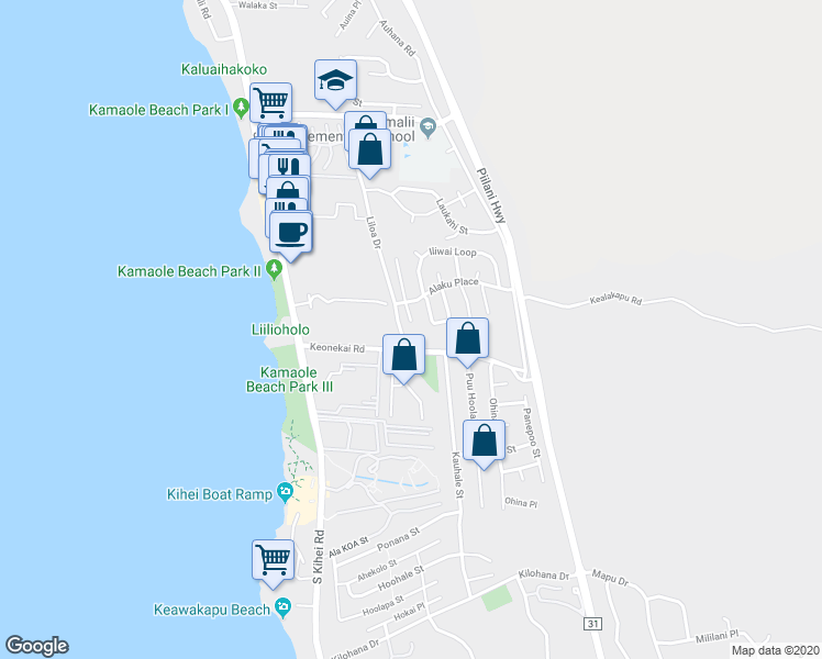 map of restaurants, bars, coffee shops, grocery stores, and more near 2626 Mikoi Place in Kihei