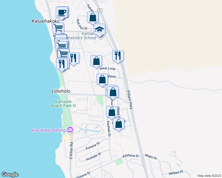 map of restaurants, bars, coffee shops, grocery stores, and more near 2650 Moolio Place in Kihei