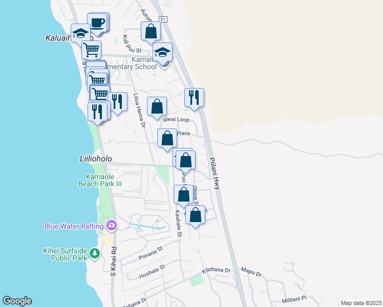 map of restaurants, bars, coffee shops, grocery stores, and more near 2636 Lioholo Place in Kihei
