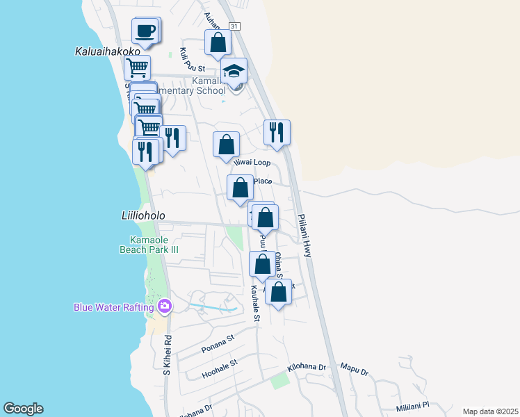map of restaurants, bars, coffee shops, grocery stores, and more near 2644 Moolio Pl in Kihei