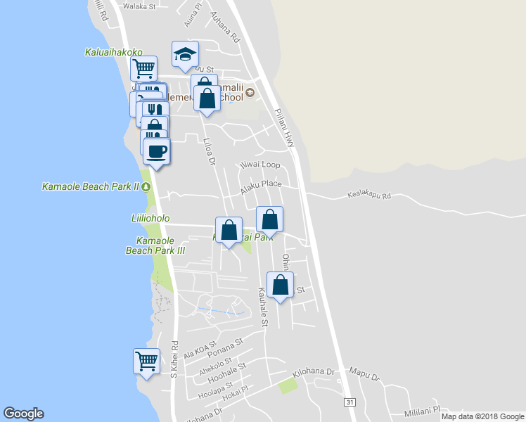 map of restaurants, bars, coffee shops, grocery stores, and more near 212 Kamakoi Loop in Kihei