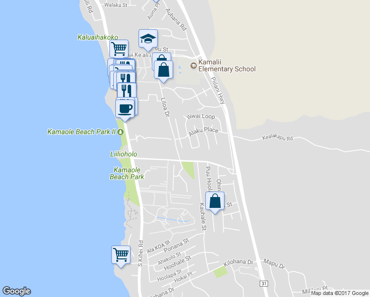 map of restaurants, bars, coffee shops, grocery stores, and more near 2617 Mikoi Place in Kihei