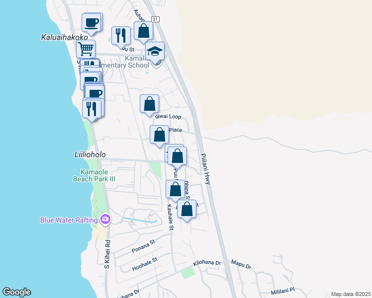 map of restaurants, bars, coffee shops, grocery stores, and more near 2641 Lioholo Place in Kihei