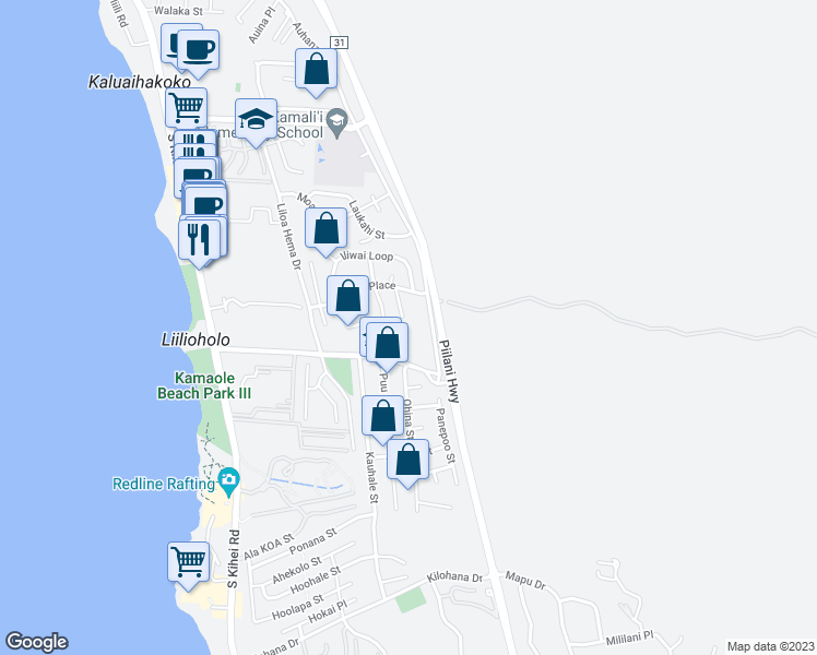 map of restaurants, bars, coffee shops, grocery stores, and more near 2641 Lioholo Place in Kihei