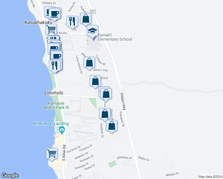 map of restaurants, bars, coffee shops, grocery stores, and more near 2635 Lioholo Place in Kihei