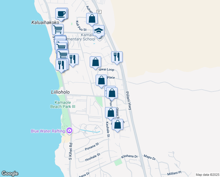 map of restaurants, bars, coffee shops, grocery stores, and more near 2644 Moolio Place in Kihei